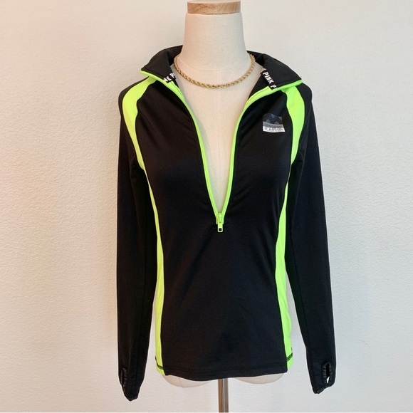 NWOT VS Pink Fleece-Lined Black Neon Green Ultimate Deep Half Zip Pullover - Picture 1 of 13